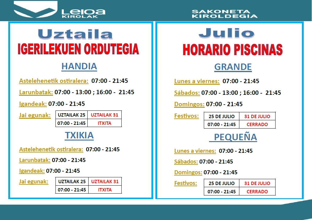 Horario piscinas julio